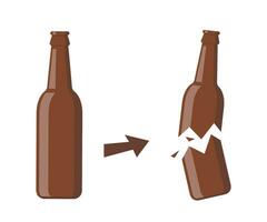 Beer bottle, whole and broken. Bottle broken into two halves. Broken, cracked glass bottle. Vector illustration.