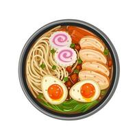 Vector illustration, top view of Japanese ramen, topped with sliced meat, narutomaki, boiled egg Ajitsuke Tamago or Ajitama, and sliced spring onions, isolated on white background.