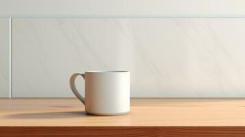 a white mug on a wooden table in front of a white wall AI Generative photo