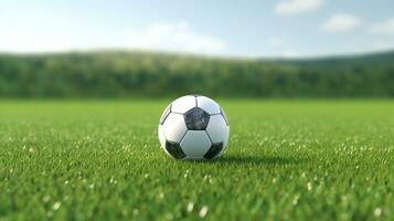 un fútbol pelota en el césped en frente de un verde campo ai generativo foto