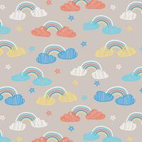 Cute cloud and rainbow seamless patterns, hand-drawn style vector