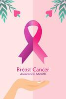 Breast Cancer awareness vertical banner illustration. A hand with pink ribbon. Healthcare campaign. vector