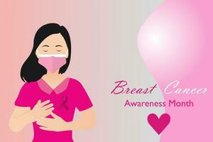 Breast Cancer awareness banner illustration. A woman wearing a mask with pink ribbon. Healthcare campaign. vector