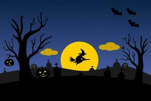 Halloween blue night background, pumpkins, tombstone, witch, and bats. Vector illustration.