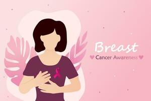 Breast Cancer awareness banner illustration. Faceless woman with pink ribbon. Healthcare campaign. vector