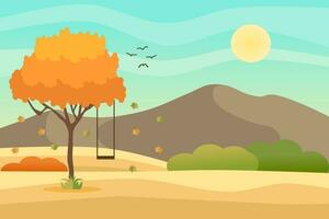 otoño paisaje con un árbol y balancearse, montañas, campos, hojas. campo paisaje. otoño antecedentes. vector ilustración