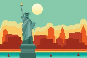 Illustration of New York City with vector landscape of buildings and the Statue of Liberty