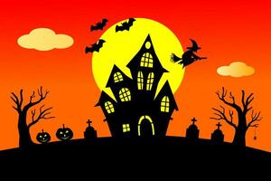 Halloween full moon night background, dark castle, pumpkins, tombstone, witch, and bats. Vector illustration.