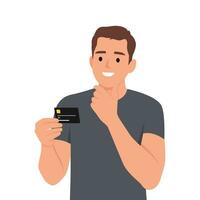 Young man thinking about using black credit card. He is holding credit card on his hand while thinking. vector