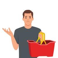 Frustrated and scared man cannot buy food in store. Character with empty shopping basket. vector