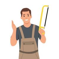 Young man worker in brown overall outfit holding hacksaw. vector