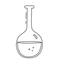 Round flask with liquid for scientific experiment. Science, studying chemistry at school. Vector doodle sketch