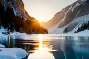 Beautiful top hills mountain and river view with snow fall lake and winter sunny day with ai generated photo
