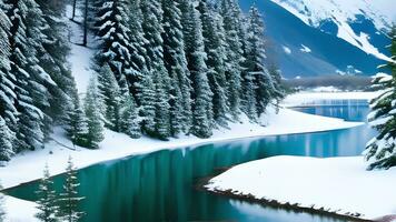 Beautiful hills mountain and river view with snowfall lake and winter sunny day background. ai generated photo