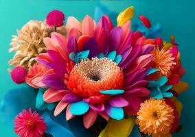 beautiful multicolored flower close-up photography with creative abstract background, generative ai photo