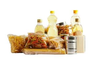 Foodstuffs in donation box isolated on white background for volunteer to help people. photo