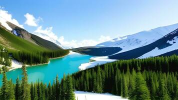 Beautiful hills mountain and river view with snowfall lake and winter sunny day background. ai generated photo