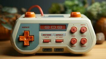 Old stylish vintage retro game console with video game joystick poster from 80s 90s photo
