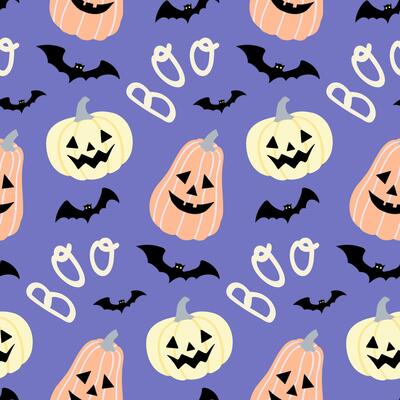 Seamless Halloween with Jack-O -Lantern pumpkins and bats on isolated background. Hand background for Halloween party decoration, scrapbooking, textile, greeting cards design, wall paper.