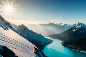 Beautiful top hills mountain and river view with snow fall lake and winter sunny day with ai generated photo