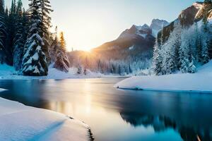 Beautiful top hills mountain and river view with snow fall lake and winter sunny day with ai generated photo