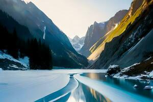 Beautiful top hills mountain and river view with snow fall lake and winter sunny day with ai generated photo