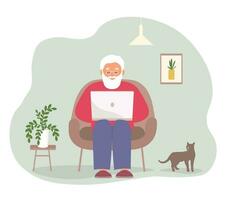 An elderly man sits at home using a laptop. The old man works, studies, communicates online. Vector flat graphics.