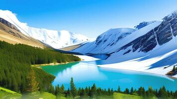 Beautiful hills mountain and river view with snowfall lake and winter sunny day background. ai generated photo