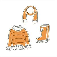 Vector set of three line autumn illustrations of cloths with partial fill.