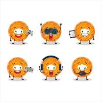 Orange cream donut cartoon character are playing games with various cute emoticons vector