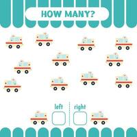 Educational worksheet for kids to learn left and right. Count game. How many ambulances go to the left and to the right. vector