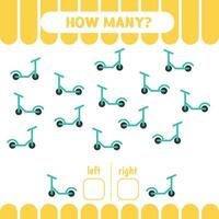 Educational game for preschool children. Maths counting page for kids to learn directions. How many scooters go to the left and to the right. vector