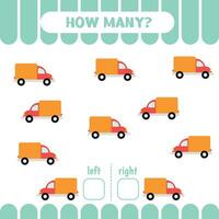 Left or right game for kids. Count trucks. Educational Worksheet for preschool children. How many cars go to the left and to the right. Vector illustration