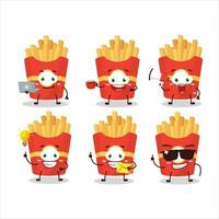 French fries cartoon character with various types of business emoticons vector