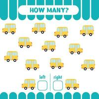 Left or right game for kids. Count school buses. Educational Worksheet for preschool children. How many go to the left and to the right. Vector illustration