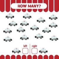 Left or right game for kids. Count police cars. Educational Worksheet for preschool children. How many cars go to the left and to the right. Vector illustration
