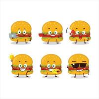 Hamburger cartoon character with various types of business emoticons vector