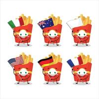 francés papas fritas dibujos animados personaje traer el banderas de varios países vector