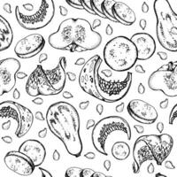 Hand drawn ink vector pumpkin gourd squash eggplant slices. Sketch illustration art for Thanksgiving, harvest, farming. Seamless pattern. Design for restaurant menu print, cafe, website, invitation