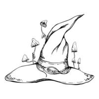 Hand drawn ink vector witch pointy hat with poisonous mushrooms. Sketch illustration art for Halloween, party, witchcraft. Isolated object, outline. Design shops, logo, print, website, card, costume