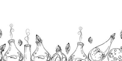 Hand drawn ink vector glass vial jars for potions with crystals. Sketch illustration art for Halloween party, witchcraft. Isolated seamless banner. Design shops, logo, print, website, card, booklet