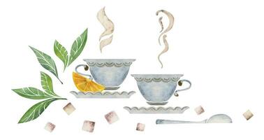 acuarela mano dibujado ilustración. té tazas en platillos, verde hojas y jugoso limón rebanadas aislado objetos en blanco antecedentes. para invitaciones, cafetería, restaurante comida menú, imprimir, sitio web, tarjetas vector