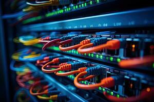 Network switch and ethernet cables in data center. 3d rendering, close up of network cables connected to an internet hub, shallow depth of field, AI Generated photo