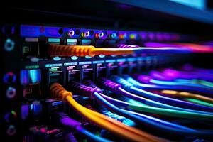 close up of network cables connected to servers in a technology data center, close up of network cables connected to an internet hub, shallow depth of field, AI Generated photo