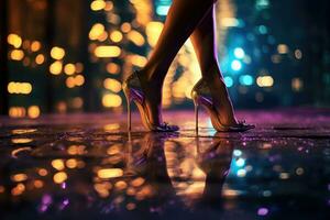 hembra piernas en tacones altos Zapatos en el antecedentes de el noche ciudad, cerca arriba foto de hermosa mujer piernas en alto tacones noche ciudad vida, ai generado
