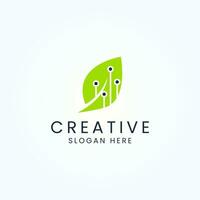 Green technology logo design with leaf and tech element concept vector