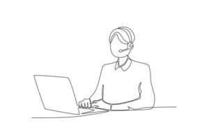 One continuous line drawing group of Male customer service is contacting a customer with problematic data vector