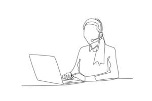 One continuous line drawing group of customer service woman looking at customer data vector