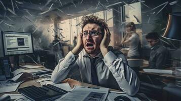 Everyday Office Pressure A Stressed Employee at Work. Relatable Image for Work and Corporate Life photo