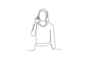 One continuous line drawing group of female customer service is contacting a customer vector